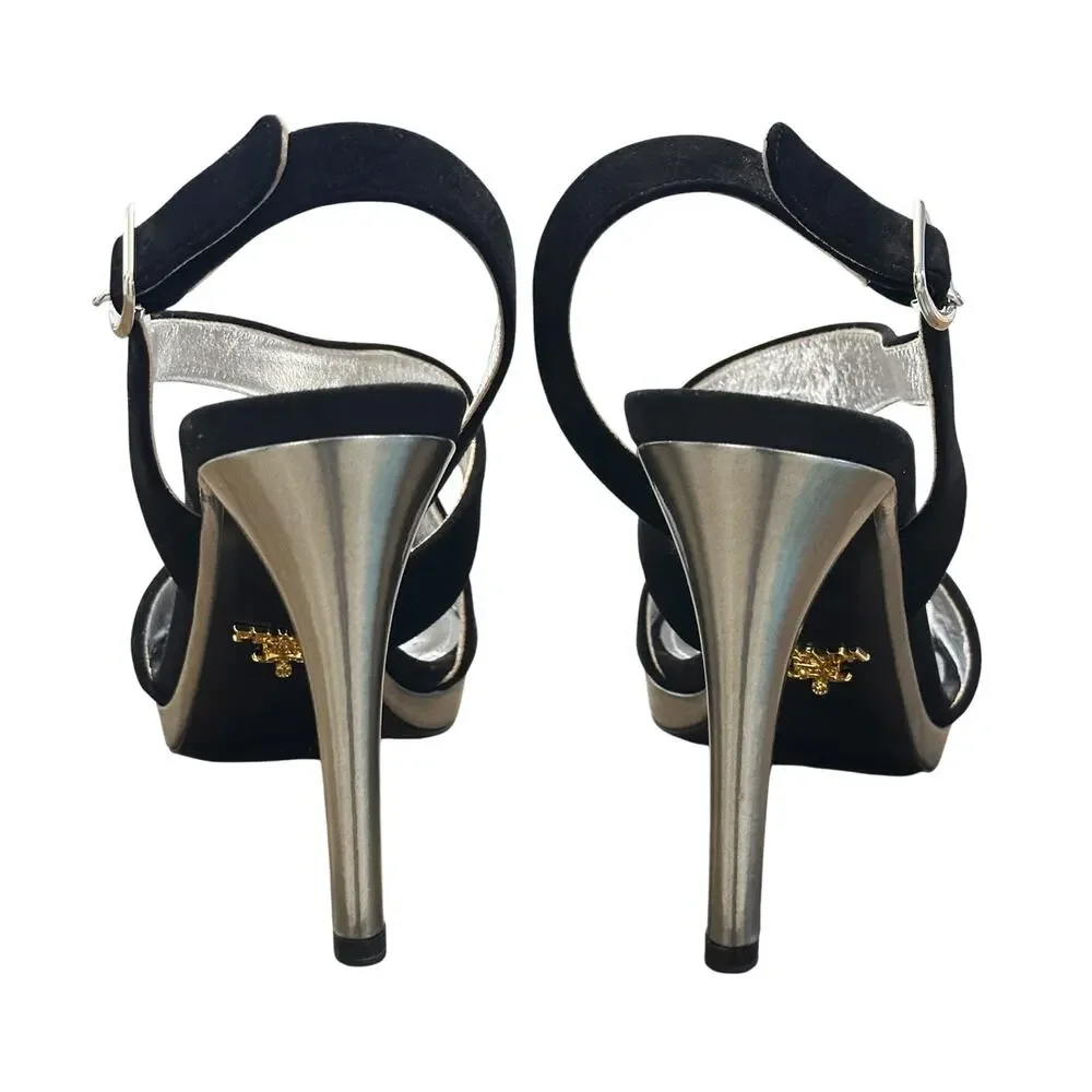 Prada Black Suede Silver Metallic Platform Slingback Heels Sandals EU 37